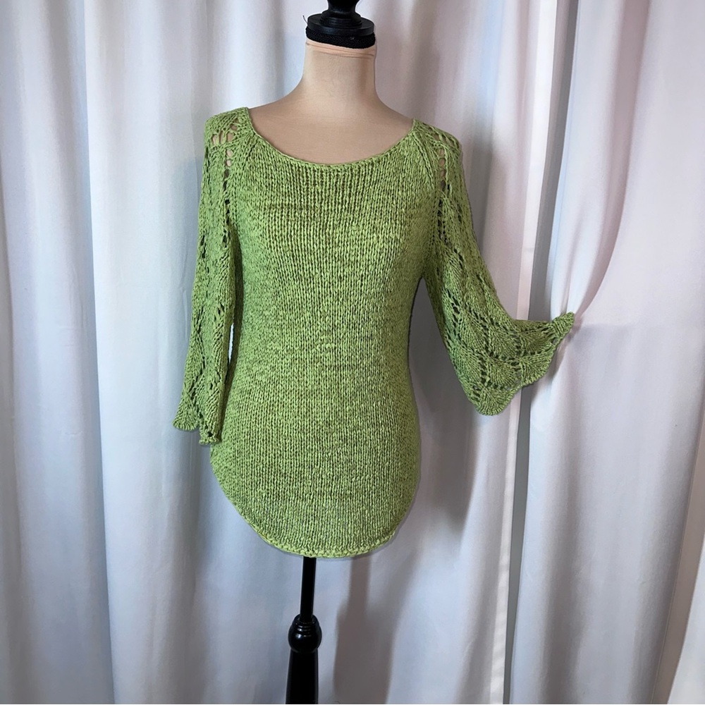 Erin Matthews Knit Sweater Sz M Green Open Knit 3/4 Bell Sleeves Top Tunic‎ Boho